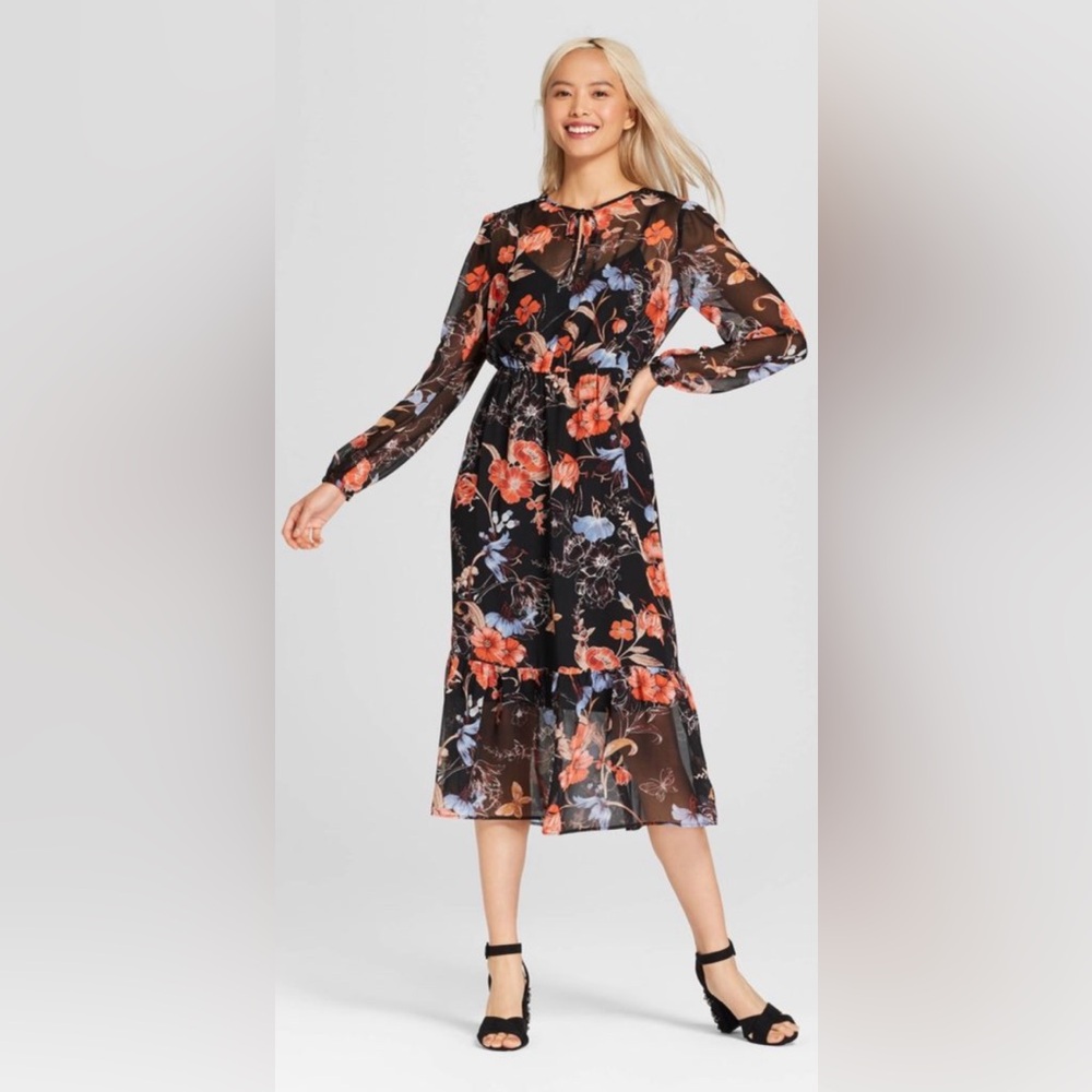 Who What Wear Winter Bloom Floral Midi Dress XL Black Red w/ Slip